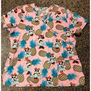 Disney Minnie Mouse Pineapple Scrub Top Pink Tropical V-Neck Medical Uniform L